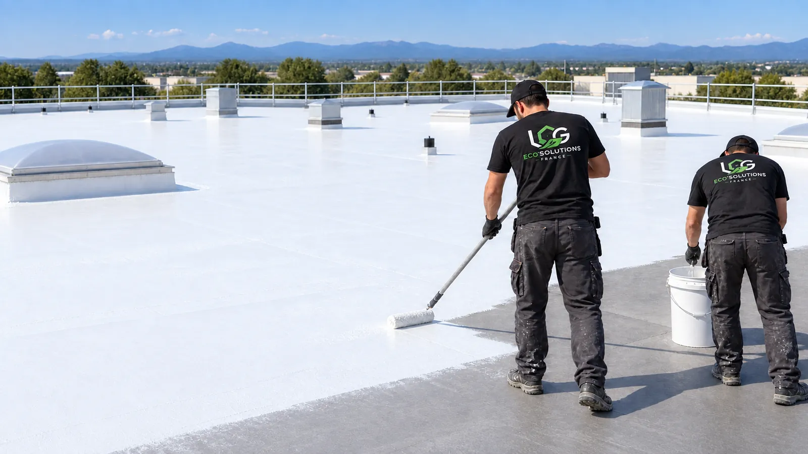 Illustration : deux applicateurs aux couleurs d’Eco’Solutions France appliquent un revêtement réflectif blanc sur une toiture plate